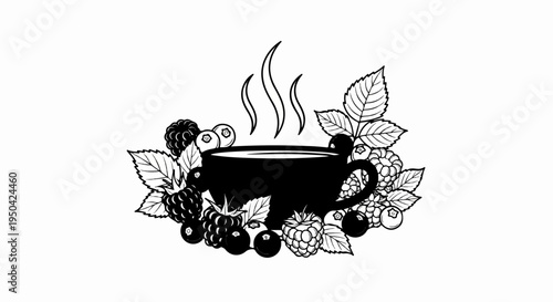 Black and white illustration of steaming cup surrounded by berries and leaves