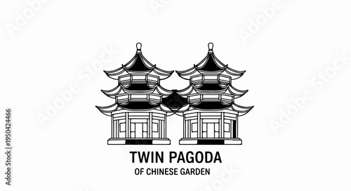 Black and white illustration of twin pagodas and text below
