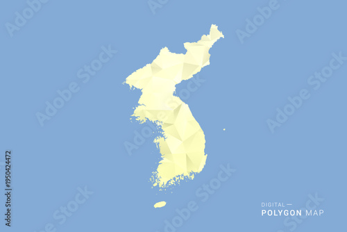 Korea, Republic of Map in low poly polygon vector style, geometric shape illustration with soft yellow tones on blue background, clean silhouette for infographic.