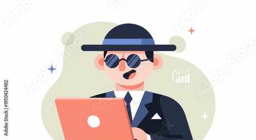 Business professional in hat and sunglasses with laptop and charts