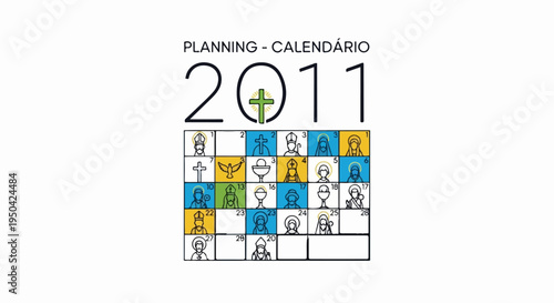 A stylized 2011 calendar with religious icons on colored squares