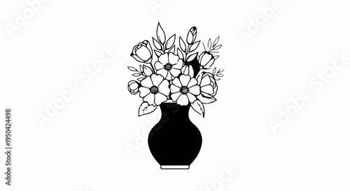 Black vase holding a bouquet of hand-drawn flowers and leaves