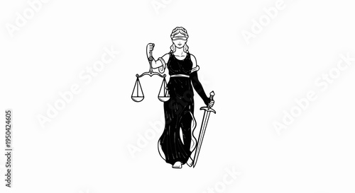 Blindfolded woman holding sword and scales, draped in black