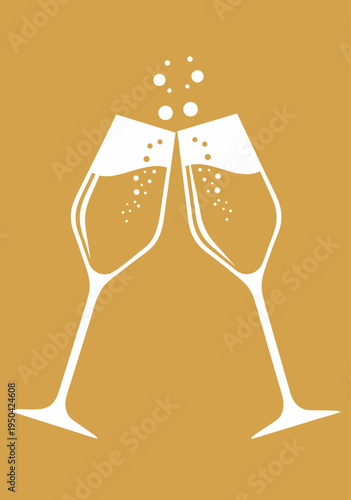 White vector illustration of two champagne glasses clinking with bubbles on a golden background, perfect for celebrations and events