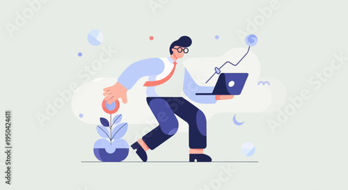 Business professional tending to plant and analyzing growth chart on laptop