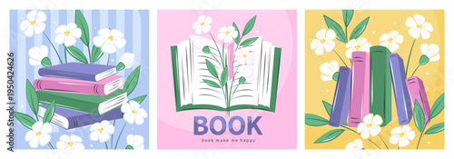 Different books and spring decor. Bright backgrounds for bookstore, library, bookshop, market. Vector illustration for banner, cover, marketing, sale. 