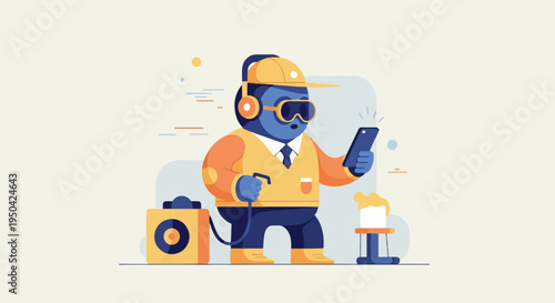 Blue cartoon character in safety gear using a phone next to equipment