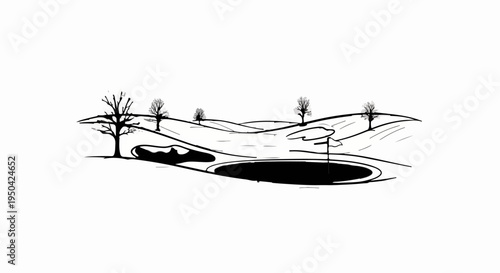 A stylized black and white drawing of a golf course in winter with barren trees