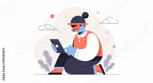 Blue character with pig-like features using tablet computer