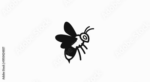 A stylized black and white illustration of a bee in flight