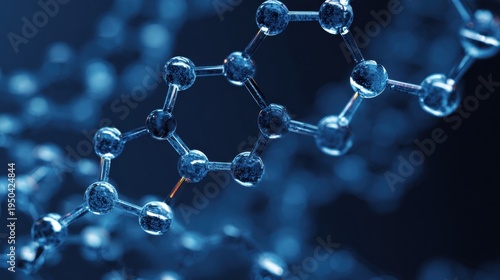Abstract molecular structure on dark background with blue lighting