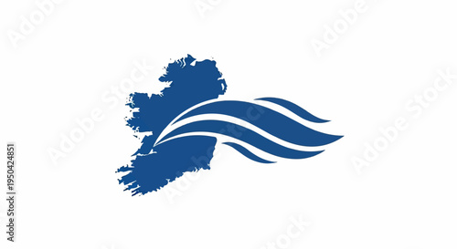 Blue island shape with flowing waves on white background