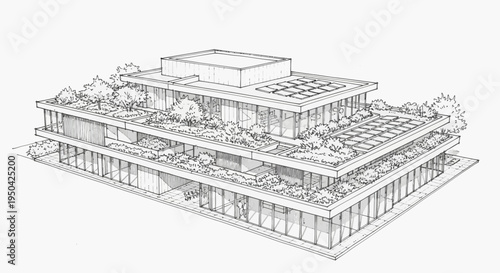 Detailed architectural drawing of a modern building featuring multiple green roofs and terraced gardens.