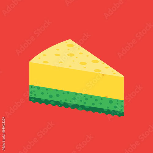 Sponge cake prank design with cleaning sponge shaped like cake slice for April fools day joke illustration with yellow and green sponge layers