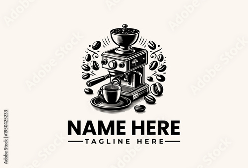 A black and white illustration of a coffee grinder with coffee beans and a cup on a saucer, surrounded by coffee beans, on a beige background with space for a logo and tagline.