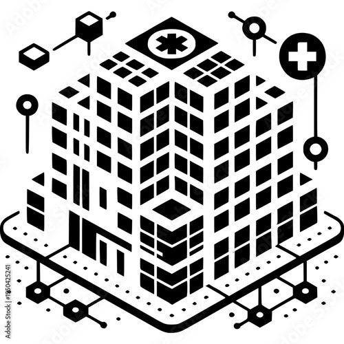 Isometric Medical Building Illustration: An isometric illustration showcasing a modern medical building, integrating symbolic elements of healthcare and technology, set against a clean backdrop.
