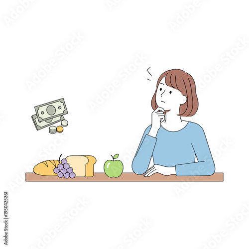 Woman contemplating food choices with money on table and fruit  