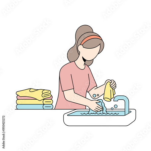 Young woman washing clothes in sink with stacked towels nearby  