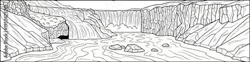 A stylized black and white sketch of a majestic waterfall cascading over rocks into a flowing river