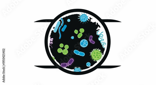 A stylized black circle contains a colorful collection of microscopic organisms and bacteria