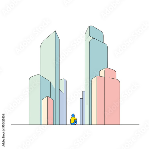 Person sitting in front of modern skyscrapers in pastel colors  
