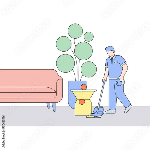 Man cleaning living room with vacuum near sofa and plants  