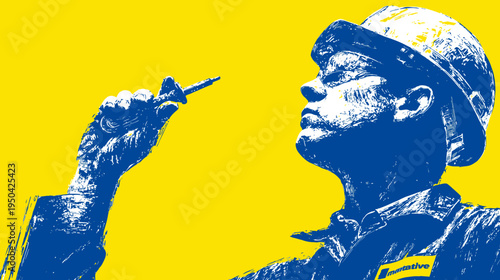 A blue-and-white figure in a hardhat with a yellow background, examining something