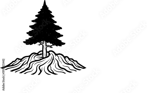 A stylized black ink drawing of a conifer tree with prominent roots on a mound