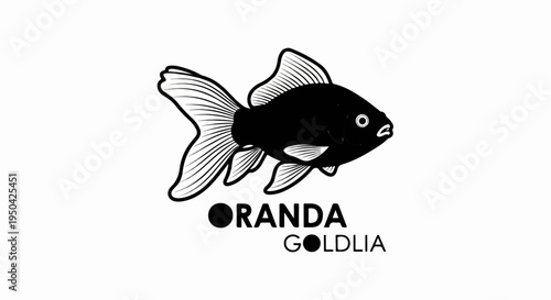 A stylized black goldfish with detailed fins and tail swims to the right