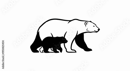 A stylized black and white silhouette of two bears walking together
