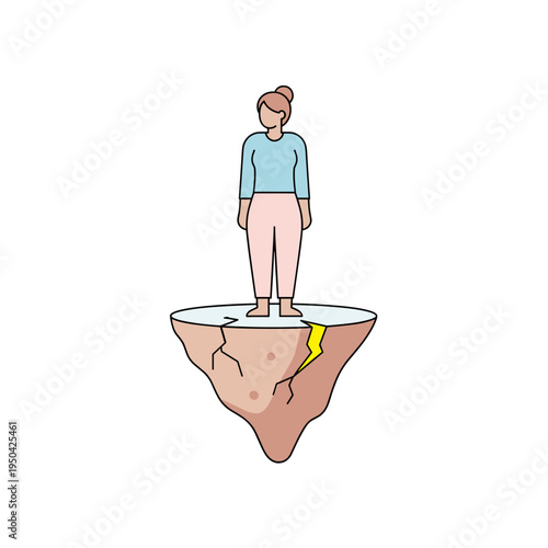 Woman standing on a cracked, floating platform in a minimal style  