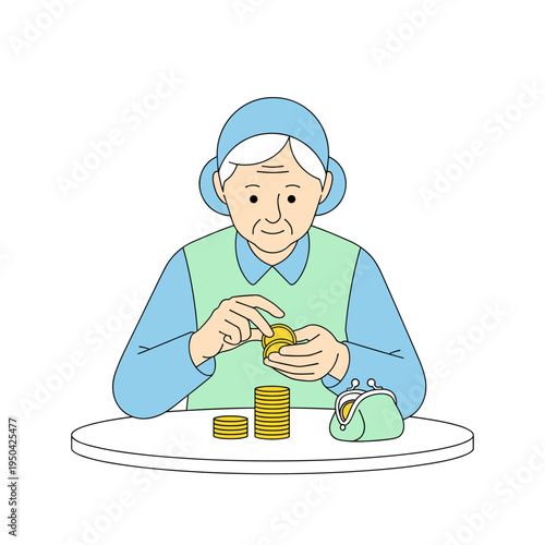 Elderly woman counting coins while sitting at a table indoors  