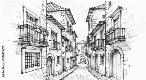 Detailed black and white sketch of a charming old European street with multi-story buildings and balconies, showcasing architectural perspective.