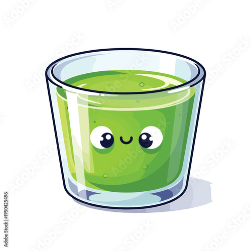 A cartoon glass filled with green liquid, featuring a cute face. The glass has a dark rim, a white background, and the drink has bubbles