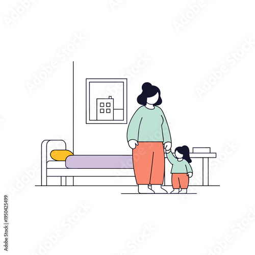 Mother holding child's hand in bedroom with minimalist design  