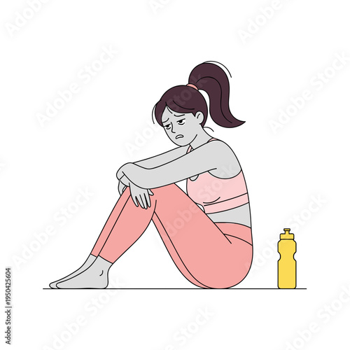 Young woman sitting on floor looking upset with water bottle nearby  