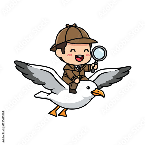 A cartoon detective with a hat, holding a magnifying glass, rides a seagull. The detective smiles. The seagull has spread wings. Background is pure white