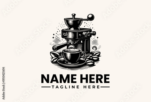 Black and white vector illustration of a coffee grinder with a cup and saucer, surrounded by coffee beans on a beige background, featuring placeholder text for a logo.