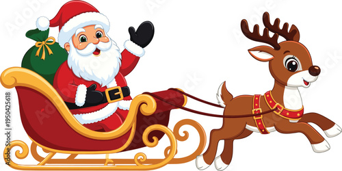 Santa Claus sleigh illustration, Christmas holiday cartoon, festive reindeer and gift sack graphics, seasonal celebration figure, red vector, white background