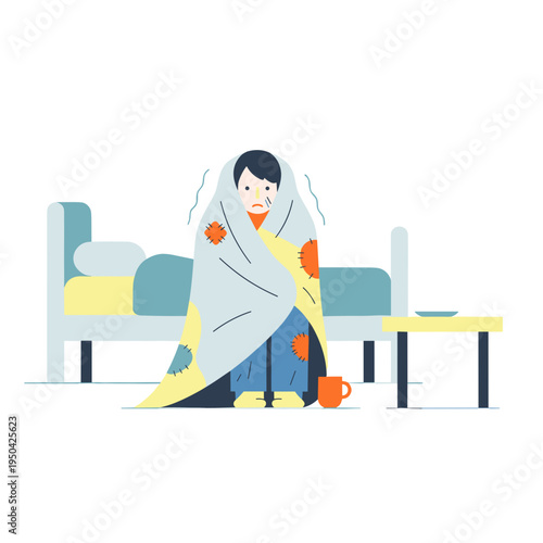 Young person wrapped in a blanket feeling cold at home  