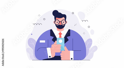 Business man in suit holding a phone, with abstract background