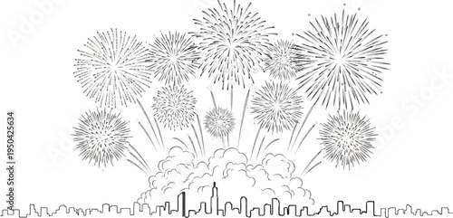 Bursting fireworks illuminate a stylized cityscape at night