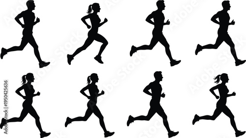 Running silhouette icon set, male and female athlete graphics, jogging and fitness symbols, sports training figures, black vector, white background