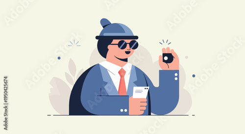 Business professional in a suit and hat taking a photo with a device