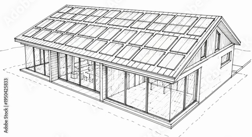 Architectural sketch of a modern house with solar panels on the roof and large glass windows.