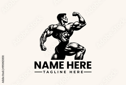 A muscular man in a dynamic pose with one arm flexed and the other extended, set against a plain background with space for a logo and tagline, in a black and white illustration.