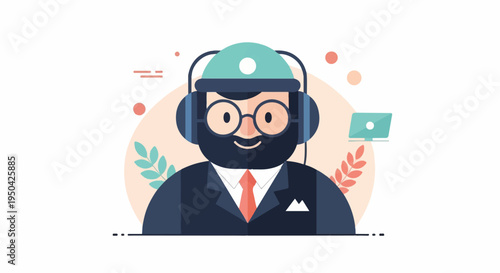 Bearded man in headset and suit with laptop, leaves, and circles
