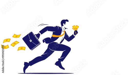 Businessman running with briefcase and cash, money flying around him