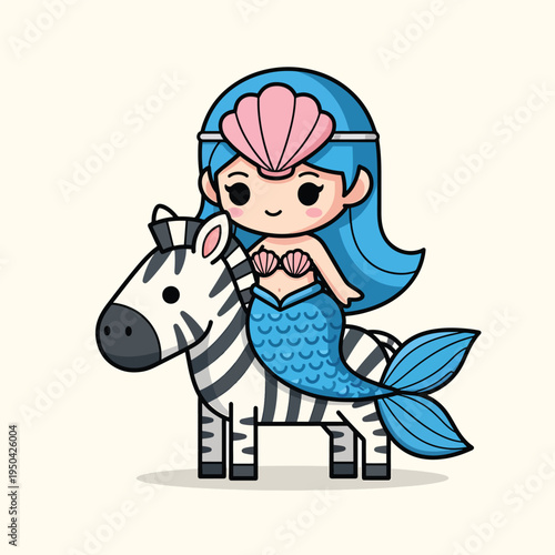 A cartoon depiction of a mermaid with blue hair and tail. She rides a zebra with black and white stripes. A pink shell crowns her head