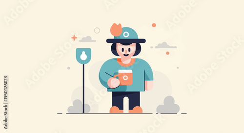 A stylized character in a hat holds a mug next to a light post